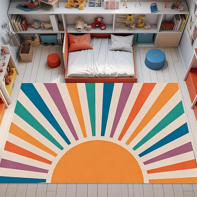 Rainbow Sun Area Rug, Colorful Boho Style Rug, Non-Slip Machine Washable Easy - Image 2