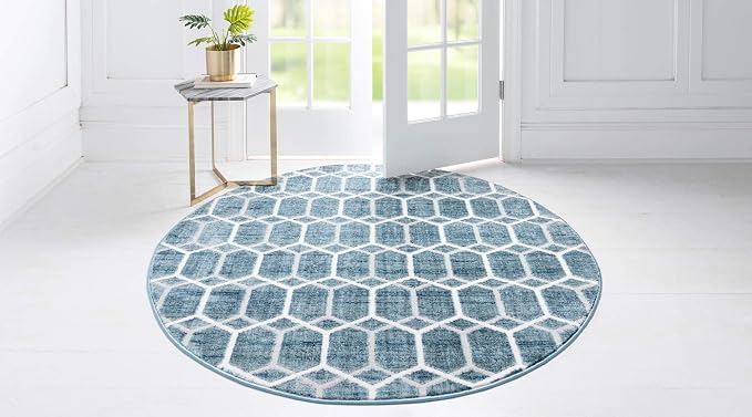 Rugs.com Lattice Trellis Collection Rug – 8 Ft Round Blue Low-Pile Rug Perfect - Image 4