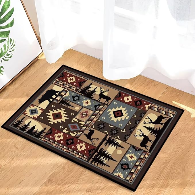Rustic Cabin Wildlife Entrance 2x3 Rug, Buffalo Plaid Bear Moose Deer Country by KENADVI