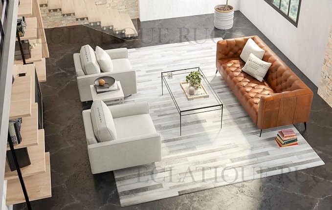 Cowhide Leather Rug for Living Room 8x10 Natural Leather Rug Modern Stripes - Image 2