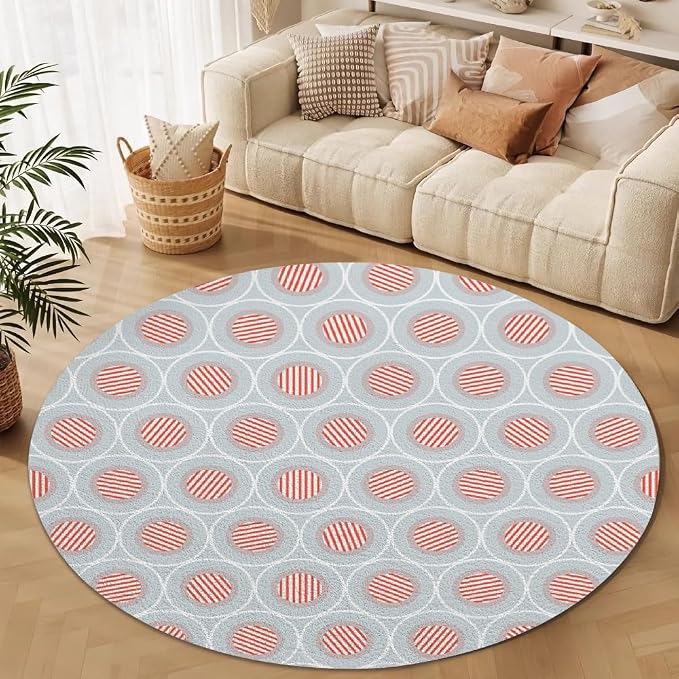 Circle Geometric Print Round Rug Vintage Blue Pink Area Rug Washable 8ft Circle - Image 3