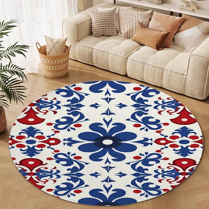 Vintage Blue Flowers Washable Round Rugs Oriental Tribal Floral Circle Rugs - Image 3