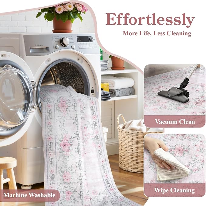 Wonnitar Floral Bow Print 8x10 Area Rugs, Washable Pink Rugs - Image 7