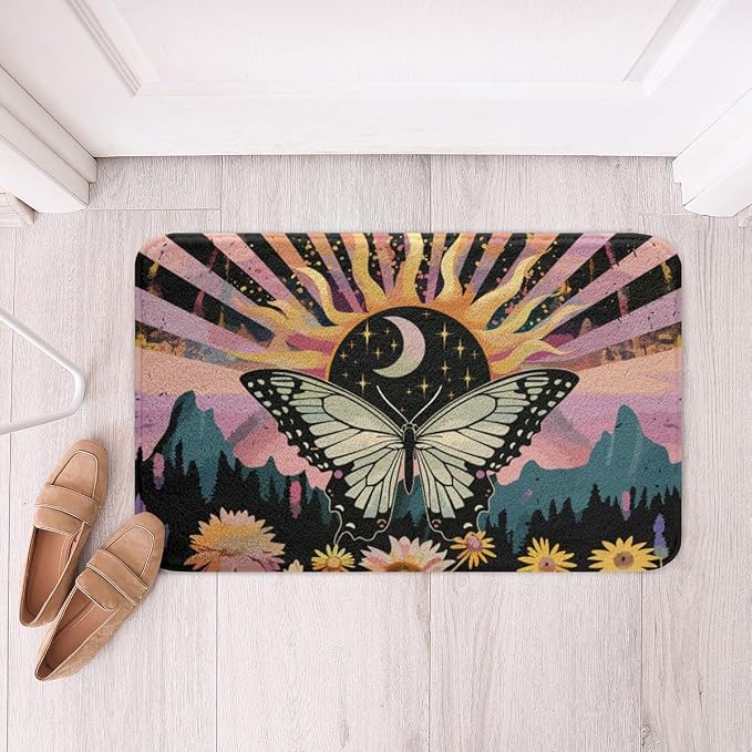 Erosebridal Boho Butterfly Bath Rugs Hippie Yin and Yang Bathroom Mats Rainbow - Image 2