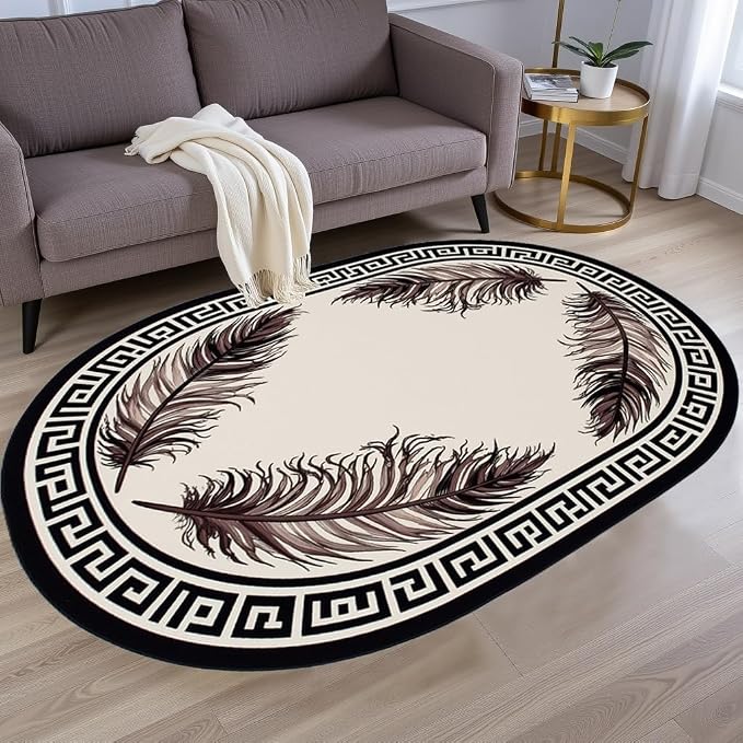 Light Beige Tan Black Greek Key Pattern Bordered Large Rugs by Unknown