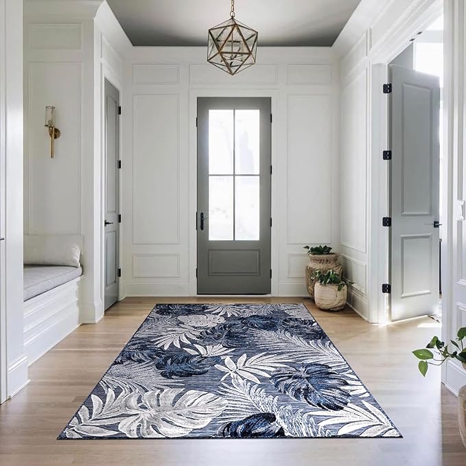 CAMILSON Indoor Outdoor Rug Navy Blue 4x6 Leaf Tropical Botanical Area Rugs - Image 9