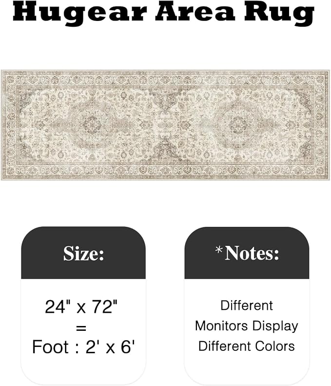 HUGEAR 2x6 Runner Rug Hallway Vintage Brown Machine Washable Neutral Floral Low - Image 2