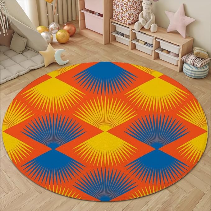 Vintage Blue Orange Round Rug Retro Pattern Print Area Rug Washable 5ft Circle - Image 4