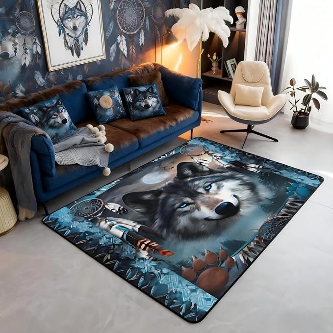 Western Wolf Large Area Rug 5x7 Bohemian Dream Catchers Living Room Rug | by Erosebridal