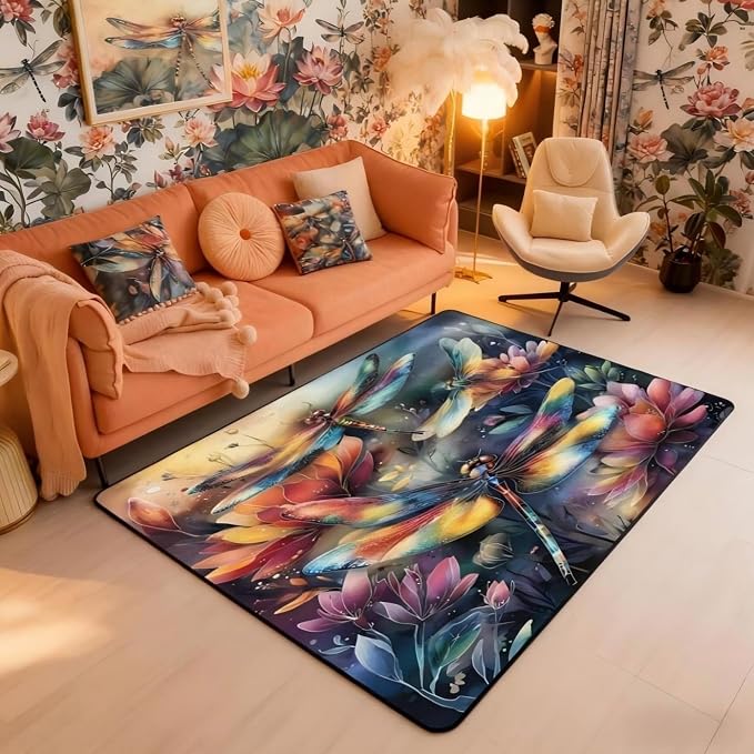 Dragonfly 5x7 Area Rug Colorful Flowers Living Room Rug | Watercolor Beetles by Erosebridal