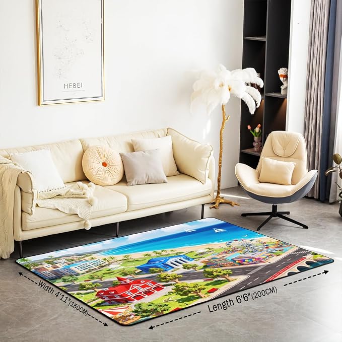 Kids Large Area Rug 5x7 City Life House Living Room Rug | 3D Cityscape Rugs - Image 2