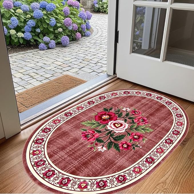 Retro Country Distressed Burgundy Green Florals Texture Bordered Rugs 6x9 - Image 4
