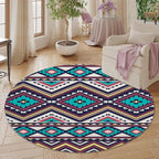 Native Tribal Geometry Round Rug Vintage Blue White Living Room Bedroom Area - Image 5