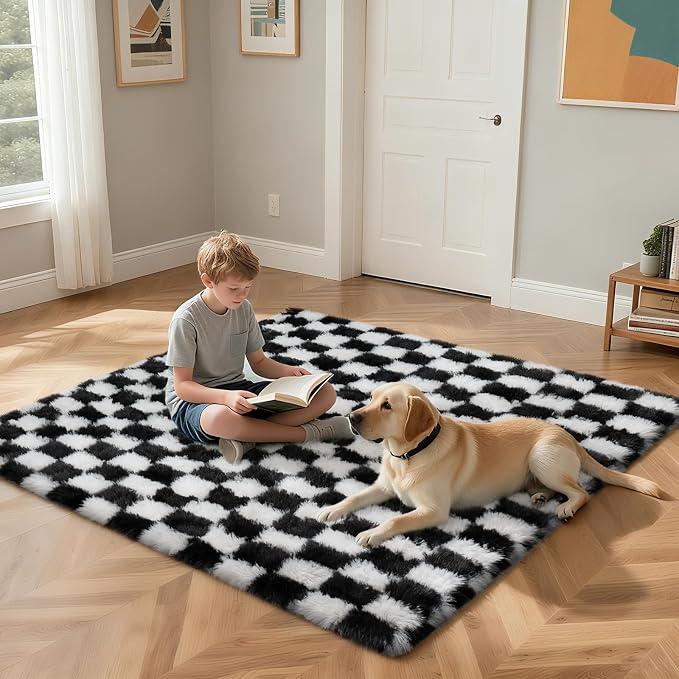 Checkered Rug for Living Room, 9x12 Black and White Area Rugs, Classic - Image 4