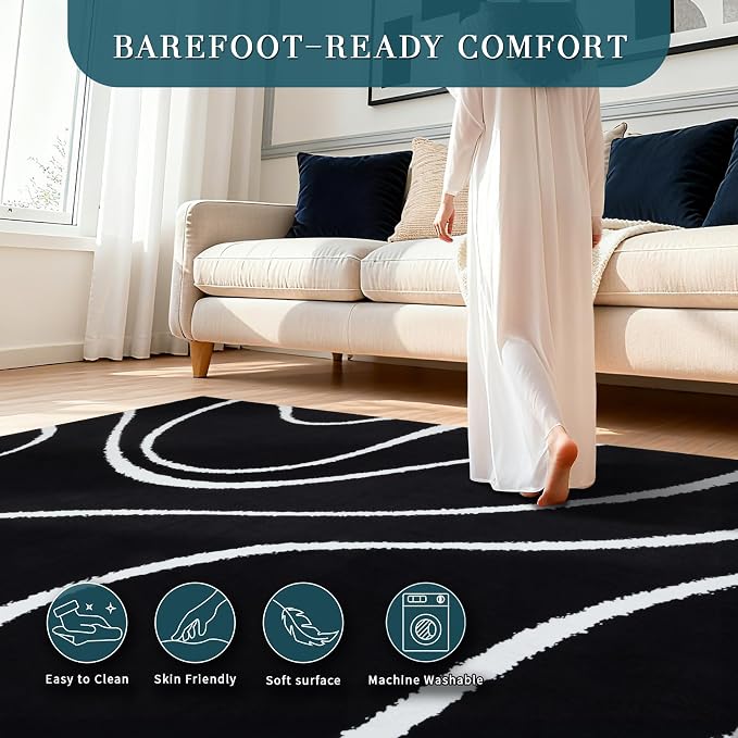 YIHOUSE Abstract Washable Rug 8x10, Ultra Thin Non Slip Black Rugs - Image 3
