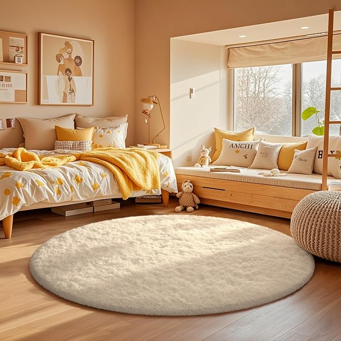 Ophanie Round Rug 4Ft Ivory Circle Area Rugs, Fluffy Fuzzy Small Bedroom Carpet by Ophanie