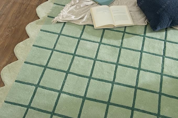 Mint Green Scalloped Edge Wool Area Rug - Image 5