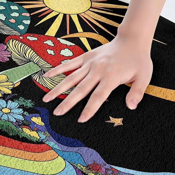 Erosebridal Trippy Mushroom Bathroom Rugs Groovy Floral Mats Rainbow Striped - Image 5
