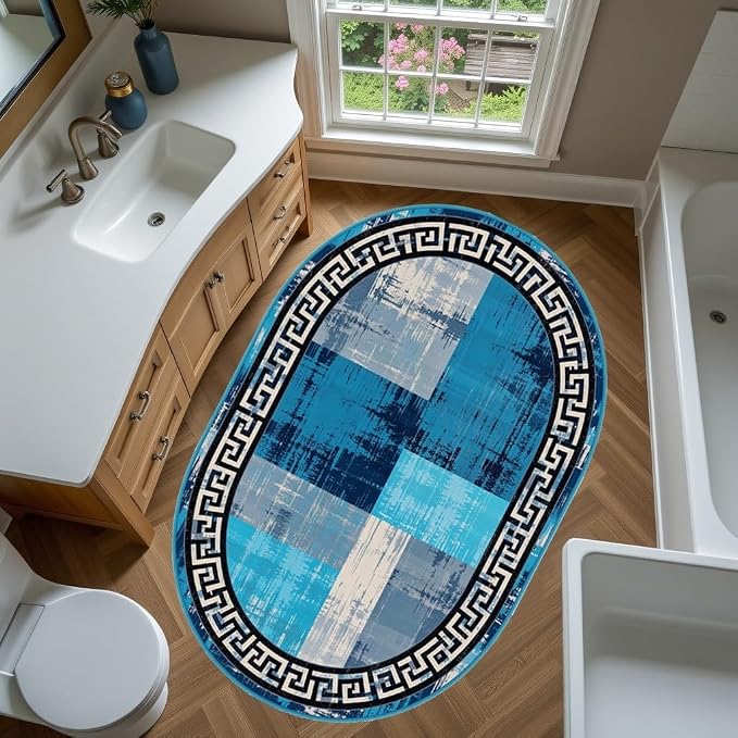 Blue Grey Black Greek Key Pattern Bordered Design Large Carpet - Image 3