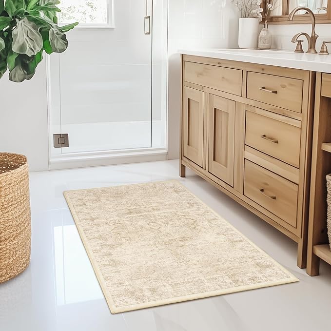 Distressed Beige Kitchen 2x3 Rugs Non Slip Washable, Natural Farmhouse Vintage - Image 4