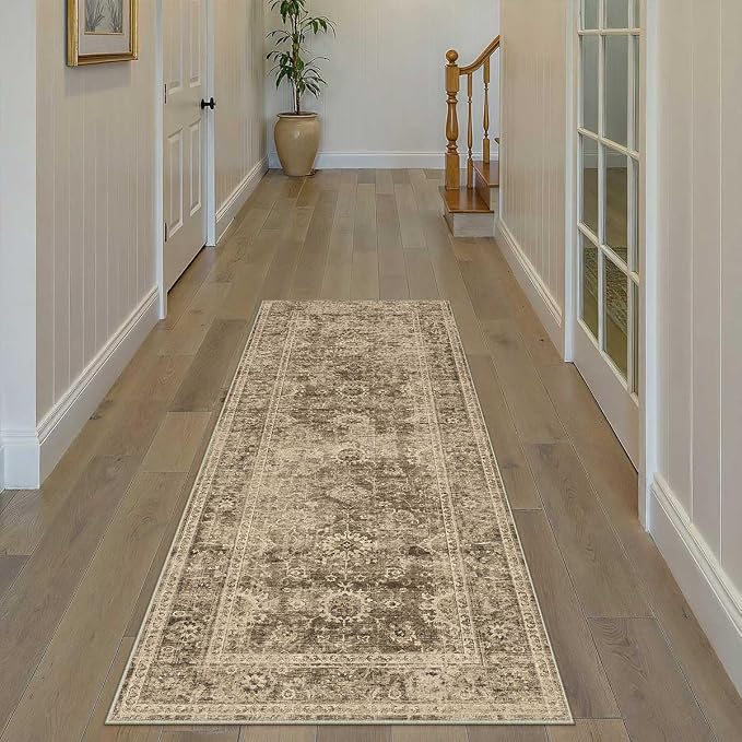 2x6 Washable Runner Rug for Kitchen Hallway Brown Vintage Non-Slip Low Pile by WondRg