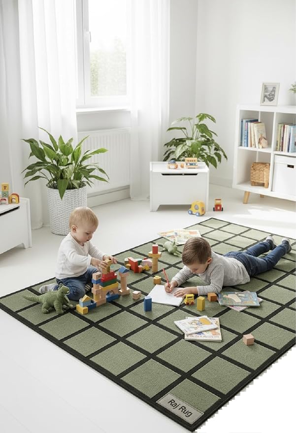 Handmade Wool Area Rug & Runner | Modern Grid Pattern Carpet - Image 2