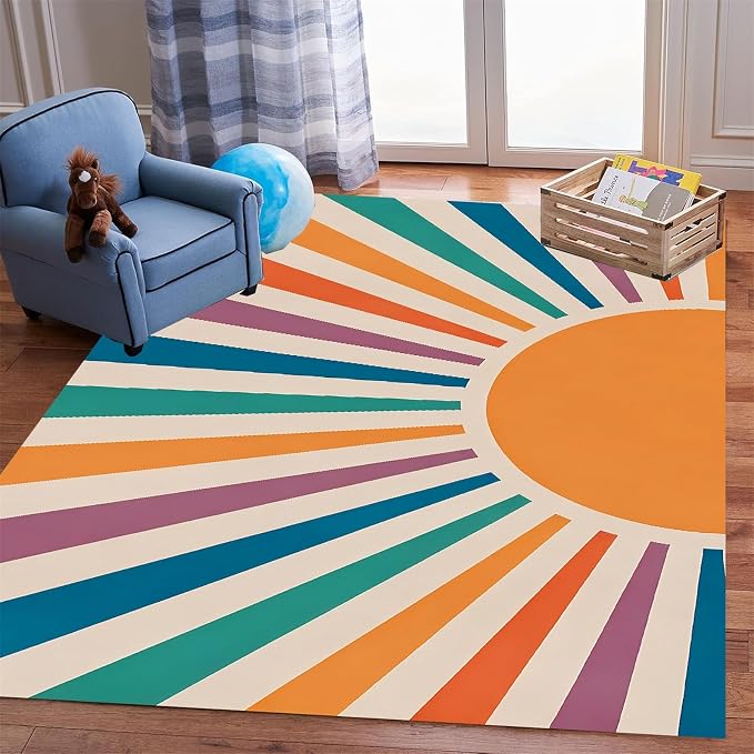 Rainbow Sun Area Rug, Colorful Boho Style Rug, Non-Slip Machine Washable Easy - Image 3