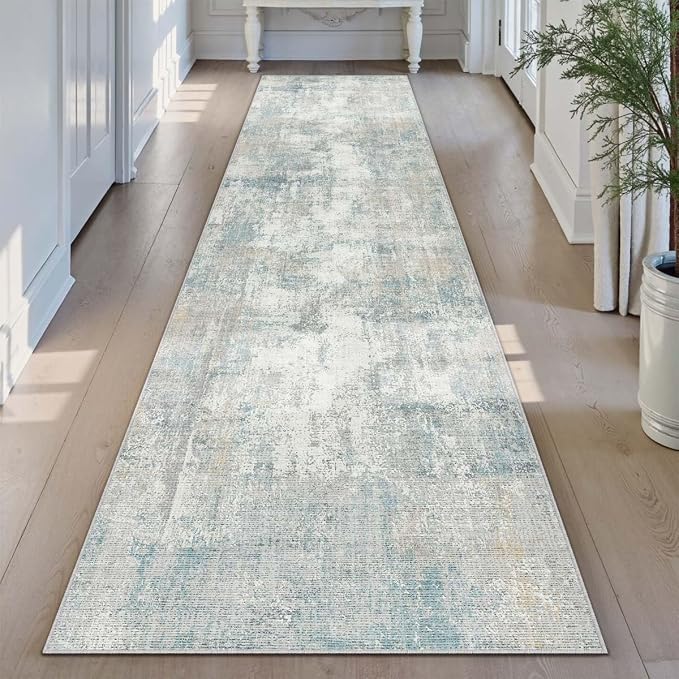 2x7 Washable Runner Rug Blue Cream Abstract Hallway Kitchen Throw Rug Neutral by WondRg