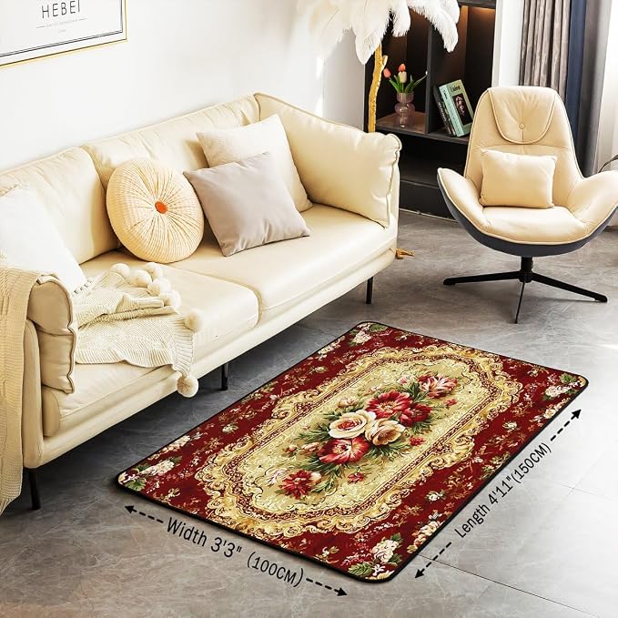 Elegant Red Floral 3 x 5 Area Rug Gold Geometric Rugs - Image 2