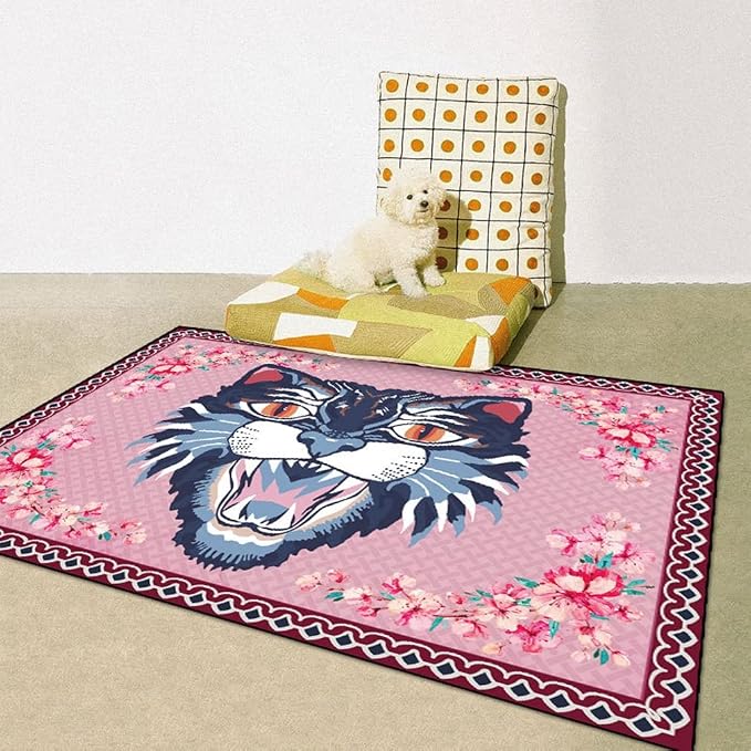Cartoon Animal Pattern Area Rug Cute Cat Luxury Floral Decor - Image 4
