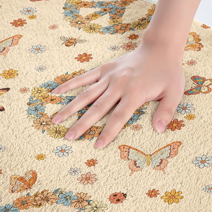 Erosebridal Groovy 70s Theme Bathroom Rugs Retro Peace Sign Mats Boho Butterfly - Image 5