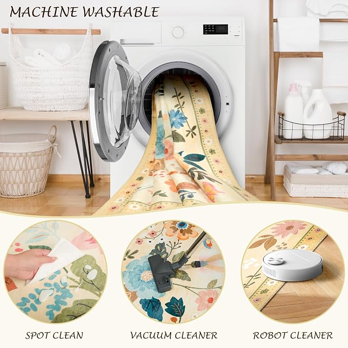 Floral 9x12 Area Rug Machine Washable Soft Print Boho Carpet Non Slip Doormat - Image 5