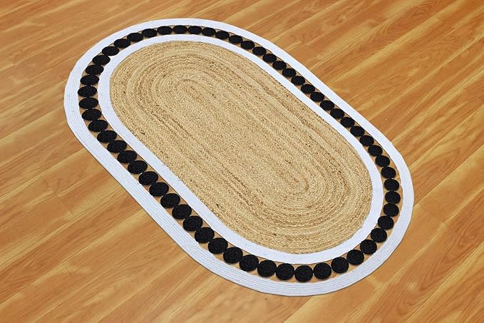 Jute Oval Rug 6x9 Kilim Rug Natural Oval Thick 0.27" Solid Design Black Beige - Image 7