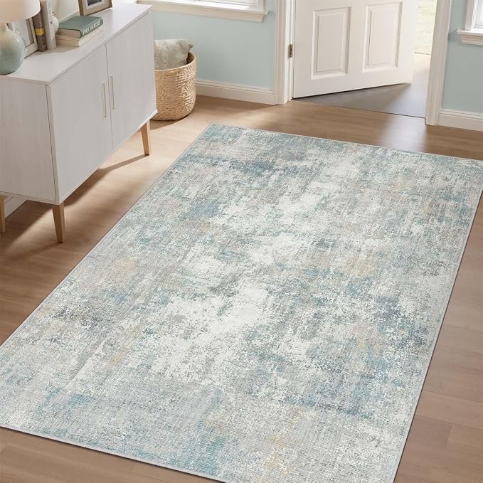 3x4 Washable Area Rug Blue Cream Abstract Entryway Office Throw Rug Neutral - Image 5