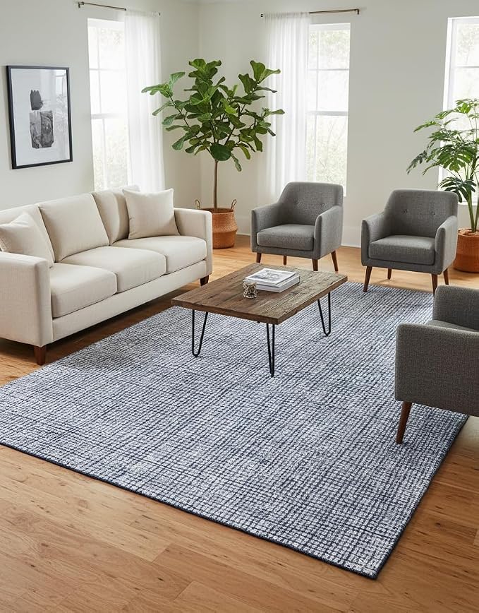 Hand-Tufted 100% Wool Pile Area Rug – Geometric Textured Grid Check Pattern – - Image 2