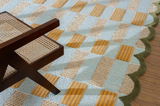 Hand-Tufted Wool Rug with Scalloped Edges, Light Blue Plaid Pattern, Cozy Soft - Image 5