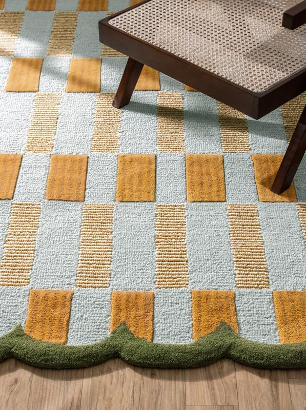 Hand-Tufted Wool Rug with Scalloped Edges, Light Blue Plaid Pattern, Cozy Soft by RUGBARN