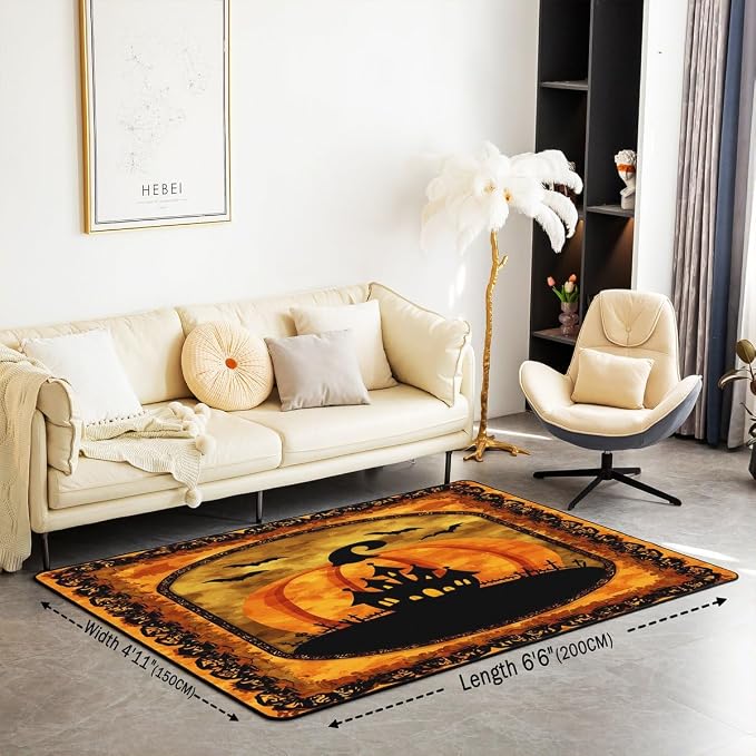 Halloween Pumpkin Large Area Rug 5x7 Spooky Haunted House Living Room Rug | - Image 2