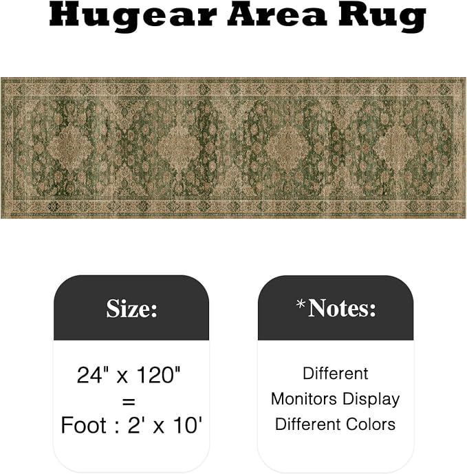 HUGEAR 2x10 Runner Rug Hallway Machine Washable Retro Green Vintage Floral Low - Image 2