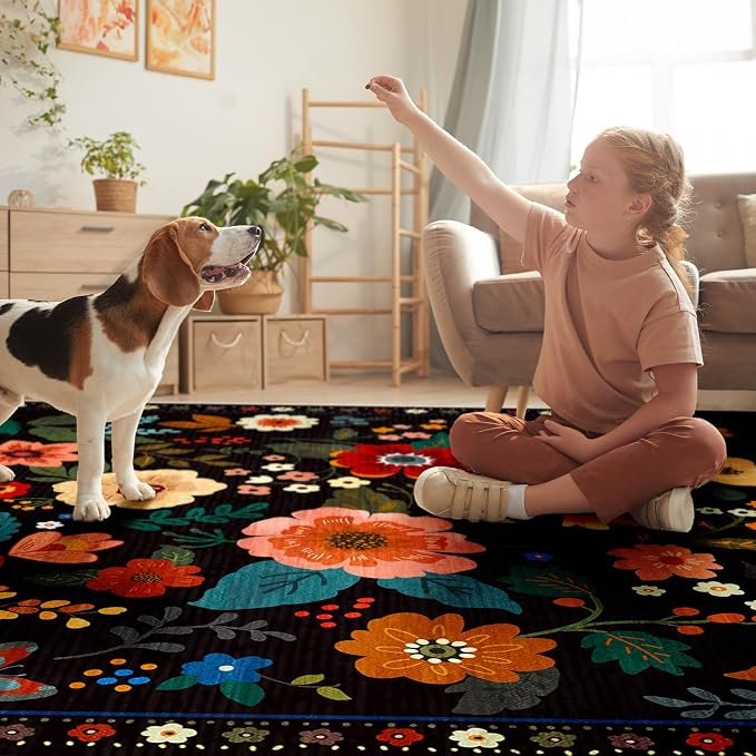 Floral 6x9 Area Rug Machine Washable Soft Print Boho Carpet Non Slip Doormat - Image 9