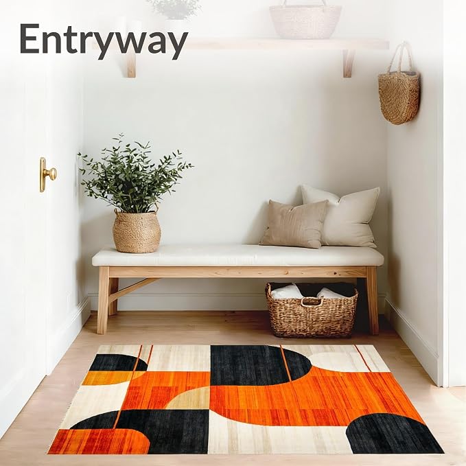 Flatwoven High Traffic Area Rug 6x9, Copper Black Orange Geometric Abstract - Image 3