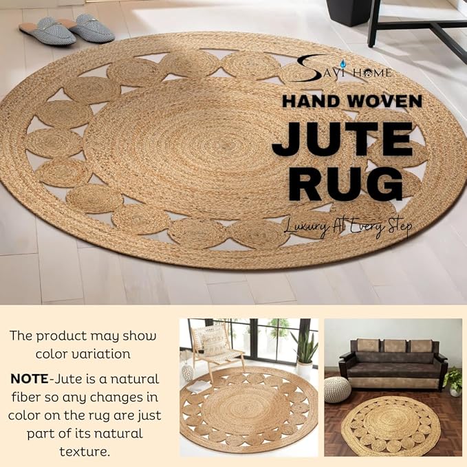 Savi Home Jute Area Rug Handwoven- 4 feet Round- Natural Beige - Image 4
