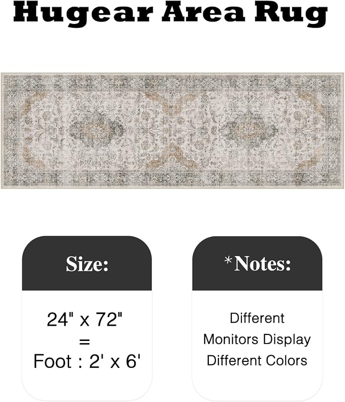 HUGEAR 2x6 Runner Rug Hallway Machine Washable Retro Taupe Green Vintage Floral - Image 2
