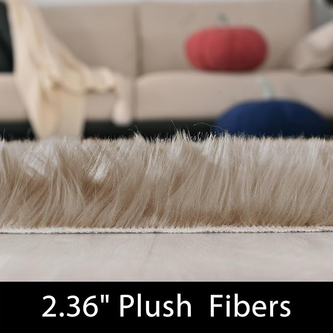Latepis Light Brown Beige Faux Sheepskin Fur 2x10 Runner Rug - Image 2