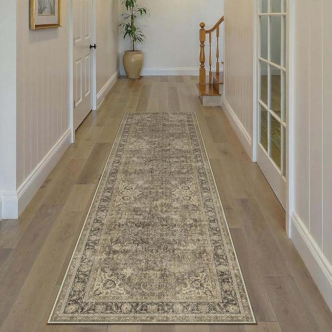 3x8 Washable Brown Runner Rug Vintage Hallway Kitchen Carpet Non-Slip Soft Low by WondRg