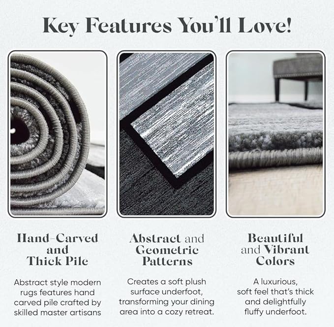 Area Rug Modern 2x7 Grey Black Squares Geometry Soft Hand Carved Contemporary - Image 4
