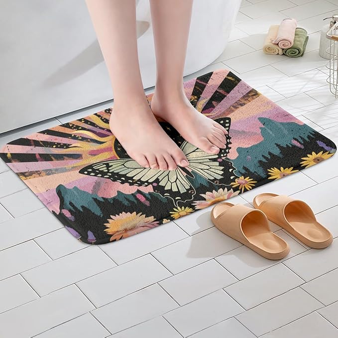 Erosebridal Boho Butterfly Bath Mat Hippie Yin and Yang Non Slip Bath Rugs - Image 4