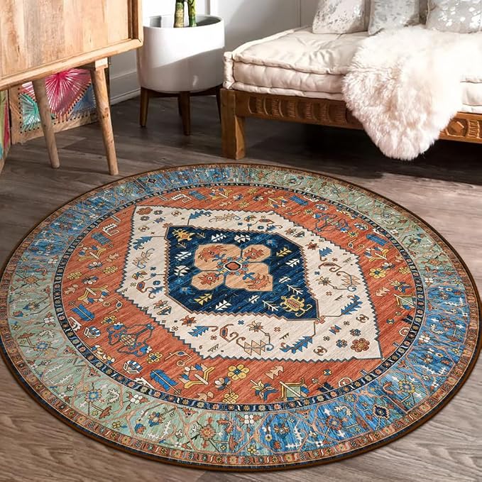 Lahome Boho Washable 4Ft Round Area Rug, Non-Slip Throw Untra-Thin Small Round - Image 4