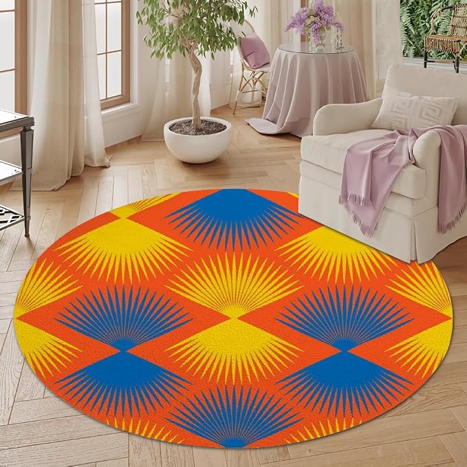 Vintage Blue Orange Round Rug Retro Pattern Print Area Rug Washable 5ft Circle - Image 5