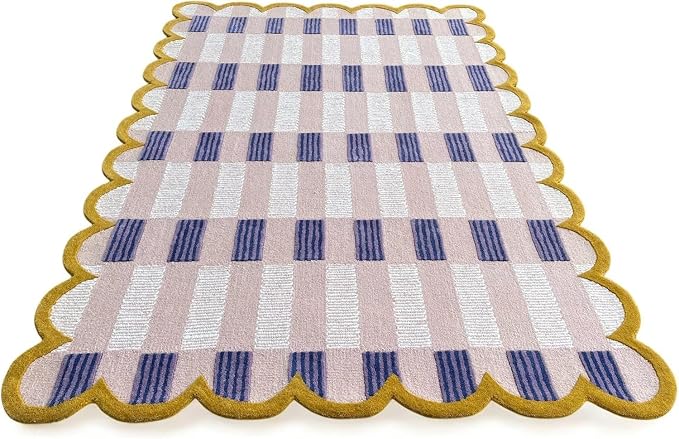 Hand-Tufted Wool Rug with Scalloped Edges, Light Blue Plaid Pattern, Cozy Soft - Image 6